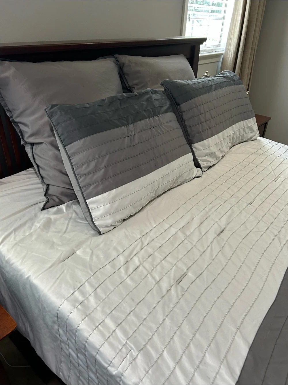 Queen Comforter Set – Gray & White Pleated Bedding Set